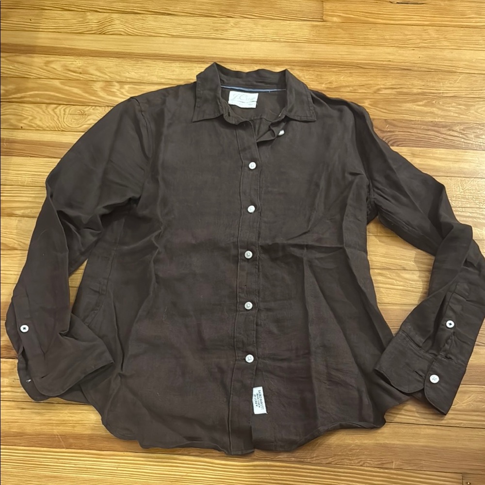 J. Crew Brown Casual Button Down Shirt Relaxed Fit Linen Slim